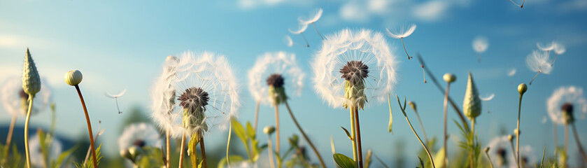 Field of Beautiful puffy dandelions and flying seeds against blue sky on sunny day in spring season