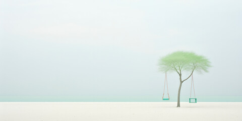 Minimalist Beach Scene with a Lone Tree and Swings.