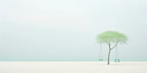 Poster Minimalist Beach Scene with a Lone Tree and Swings. © Breezze