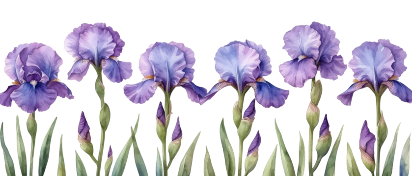 Row of Purple iris Flowers in Close isolated  on white background