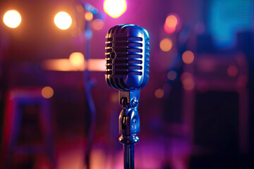 microphone in front of a sturdy microphone stand, ready to use in theater or show
