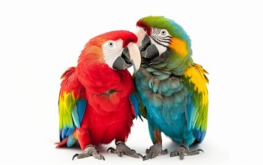 Fototapeta premium Two vibrant, colorful parrots interacting, showcasing their bright red, green, blue and yellow feathers isolated on white background.