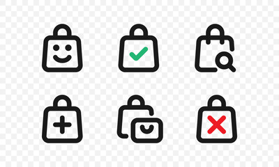 Shopping bag icons for internet store. Add to bag, search in bag symbols. Vector EPS 10