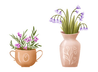 A set of beautiful blooming flowers in decorative vases. Spring flowers. Bouquet in a vase. Hand drawn illustration on isolated background