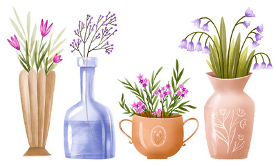 Set of vases with bouquets of flowers. Glass and clay vases with blooming flowers. Illustration on isolated background