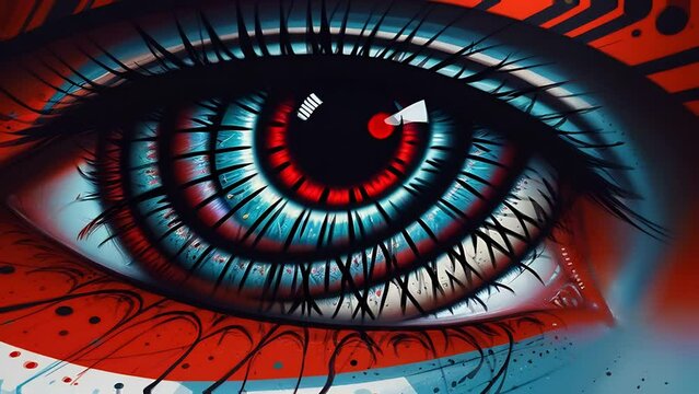 Abstract Eye with Red Iris in Retro, Minimal Graffiti, Geometric Style Featuring Circle, Triangle, Square Figures - Generative AI, 4K Animation