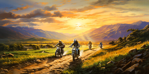 Motorcycle caravan drawing In nature there are mountains, sunlight, rivers, rural atmosphere. - obrazy, fototapety, plakaty