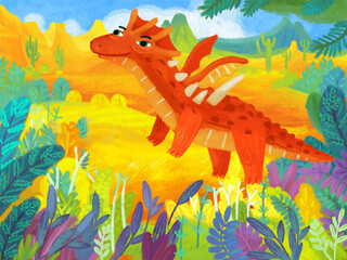 cartoon scene with forest jungle meadow wildlife with dragon dino dinosaur animal zoo scenery illustration for children © honeyflavour