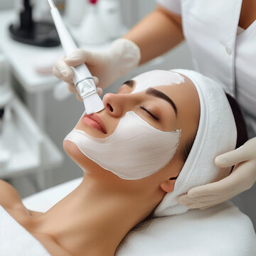 Institut de beaut&eacute;. Femme allong&eacute;e sur le dos, recevant des soins de haute technologie avec un pinceau lui d&eacute;posant une cr&egrave;me adapt&eacute;e &agrave; son type de peau, par une esth&eacute;ticienne.