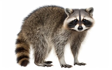 A close-up of a raccoon, showcasing its detailed fur and expressive eyes, isolated on a white background.
