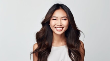 Obraz premium Smile That Lights Up, the sheer delight of a young woman is evident in her big, beaming smile that lights up the frame against a solid studio background. Generative AI.