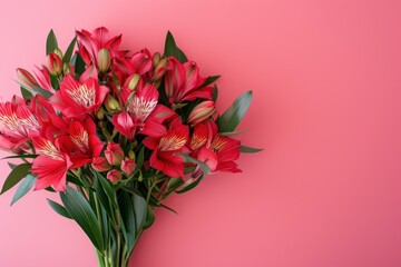 Bouquet of red alstroemeria flowers on pink background