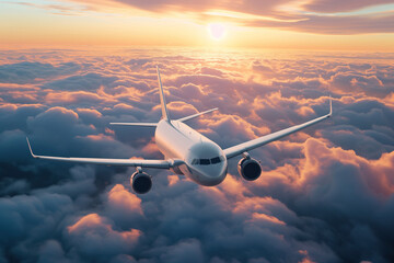 Commercial airplane flying above clouds at sunset. Travel content.