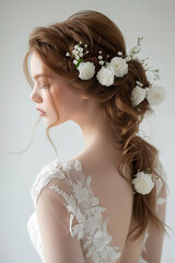 image of elegant hairstyle styling bride in fancy wedding dress, with white flowers in her hair, wedding advertising with empty copy space