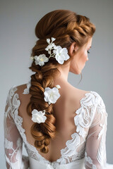 Obraz na płótnie Canvas image of elegant hairstyle styling bride in fancy wedding dress, with white flowers in her hair, wedding advertising with empty copy space