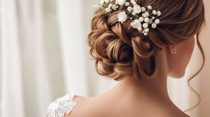 image of elegant hairstyle styling bride in fancy wedding dress, with white flowers in her hair, wedding advertising with empty copy space