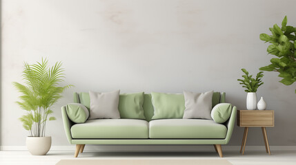 House apartment design, minimalist interior with sofa and plants. Generative AI