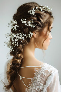 image of elegant hairstyle styling bride in fancy wedding dress, with white flowers in her hair, wedding advertising with empty copy space