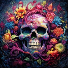 Eternal cycle of life and death. Skull surrounded by flowers
