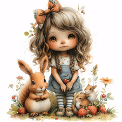 Cute girl with curly hair with a shiny bow, in a menthol T-shirt with strawberries, skirt with pockets, striped tights and shoes with clasps, hugging a big Cute Rabbit