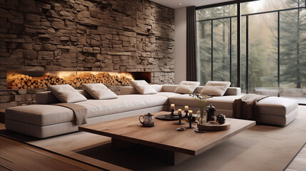 House apartment design with panoramic window, natural materials, stone, wood, granite, plants, minimalist living room. Generative AI