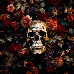 Eternal cycle of life and death. Skull surrounded by flowers