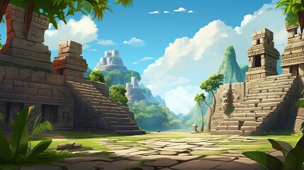3D cartoon, empty background, of the ancient Mayan city