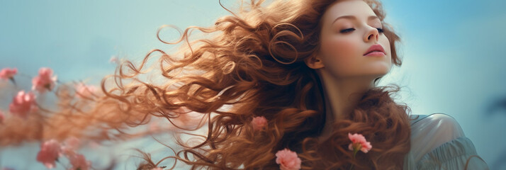 Fototapeta premium The girl with the disheveled hair. a girl with flowing hair in a big city, wind in her hair, flowers in her hair, against the backdrop of a megalopolis 