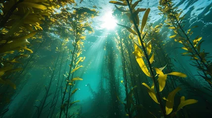 Fotobehang A kelp forest with tall stalks reaching the water surface, mainly exhibiting Ecklonia maxima from below © Jennifer