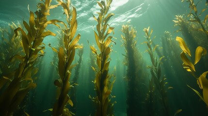 A kelp forest with tall stalks reaching the water surface, mainly exhibiting Ecklonia maxima from below - obrazy, fototapety, plakaty