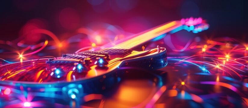 Guitar on illuminated neon light background. AI generated image