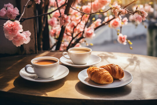 two mugs of coffee with cappuccino foam and croissants on a table in an outdoor cafe in spring
