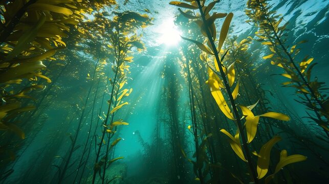 A kelp forest with tall stalks reaching the water surface, mainly exhibiting Ecklonia maxima from below