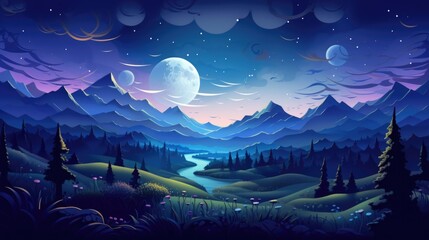 Enchanted Nighttime Landscape with Moon