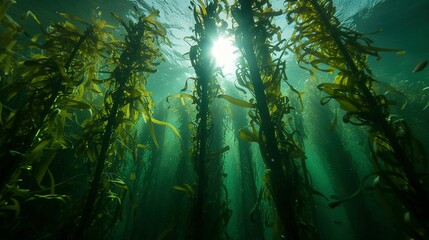 Fototapeta na wymiar A kelp forest with tall stalks reaching the water surface, mainly exhibiting Ecklonia maxima from below