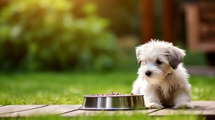 A small puppy hesitates before a full bowl of food in a grassy backyard