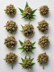 Photo Of Collection Of Cannabis Buds, Cannabis Flowers, White Background, Isolated, Separated,...