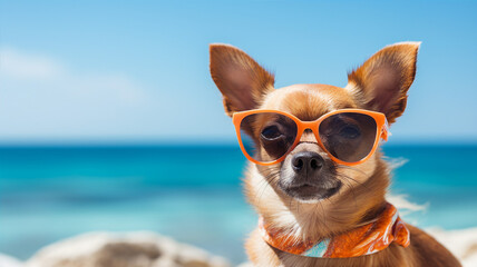 Fashionable chihuahua sporting sunglasses, enjoying the seaside
