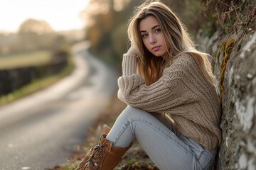 A young woman in a cozy sweater and jeans seated by a stone wall, with a blurry country road in the background, reflecting tranquility. - Powered by Adobe