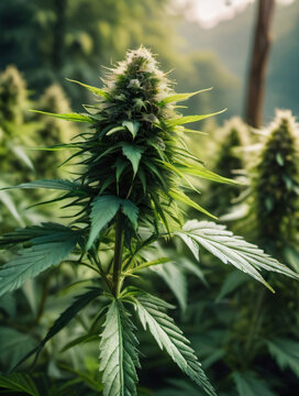 Photo Of Wild Cannabis Plantation Closeup, Bushes Of Cannabis, Leaves Of Narcotic Plants, The Manufacture Of Anasha, Digital, Art Illustration