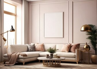 Interior Design Showcase Beige Sofa and Frame on Wall 3D Rendered Living Room

