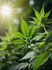 Photo Of Image Of Green Cannabis Leaves Growing In Nature Against Blurred Background