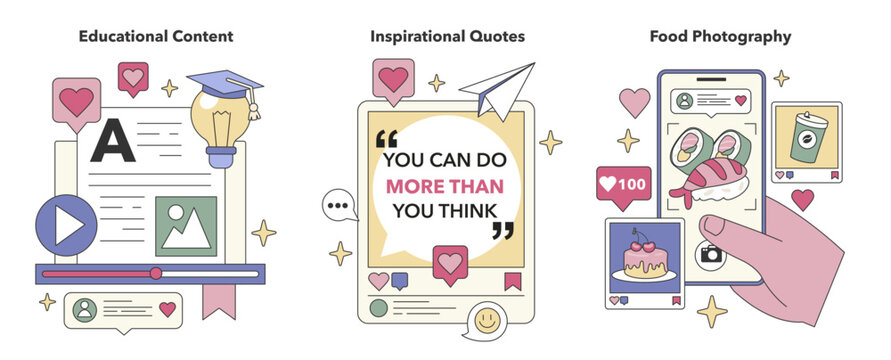 Social Media Content set. Educational insights, motivational messages, culinary snapshots. Digital learning, self-growth, gastronomy. Flat vector illustration. - Powered by Adobe