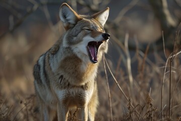 Obraz premium coyote howling, mouth wide open near the camera