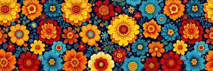 Vibrant floral pattern with colorful blossoms on a dark background