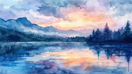 Poster Watercolor landscape of a serene lake at sunset with mountains © KrikHill