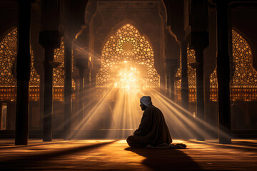 A solitary figure in contemplative prayer, bathed in the ethereal light streaming through the intricate windows of a grand mosque. - obrazy, fototapety, plakaty