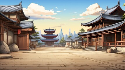 ancient japanese city, empty background, 3D cartoon
