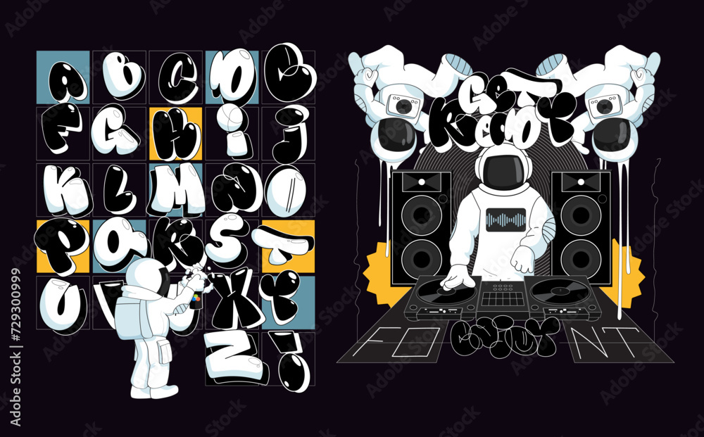 Wall mural Graphic set of letters. space party font in sketch style for kids and teens design. DJ and dancers astronauts and fun bubble font