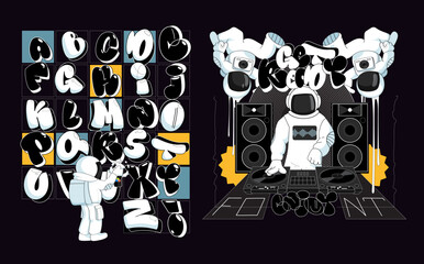 Graphic set of letters. space party font in sketch style for kids and teens design. DJ and dancers astronauts and fun bubble font